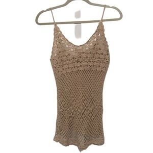 Y2K Tan Crochet Sheer Boho Festival Mini Dress